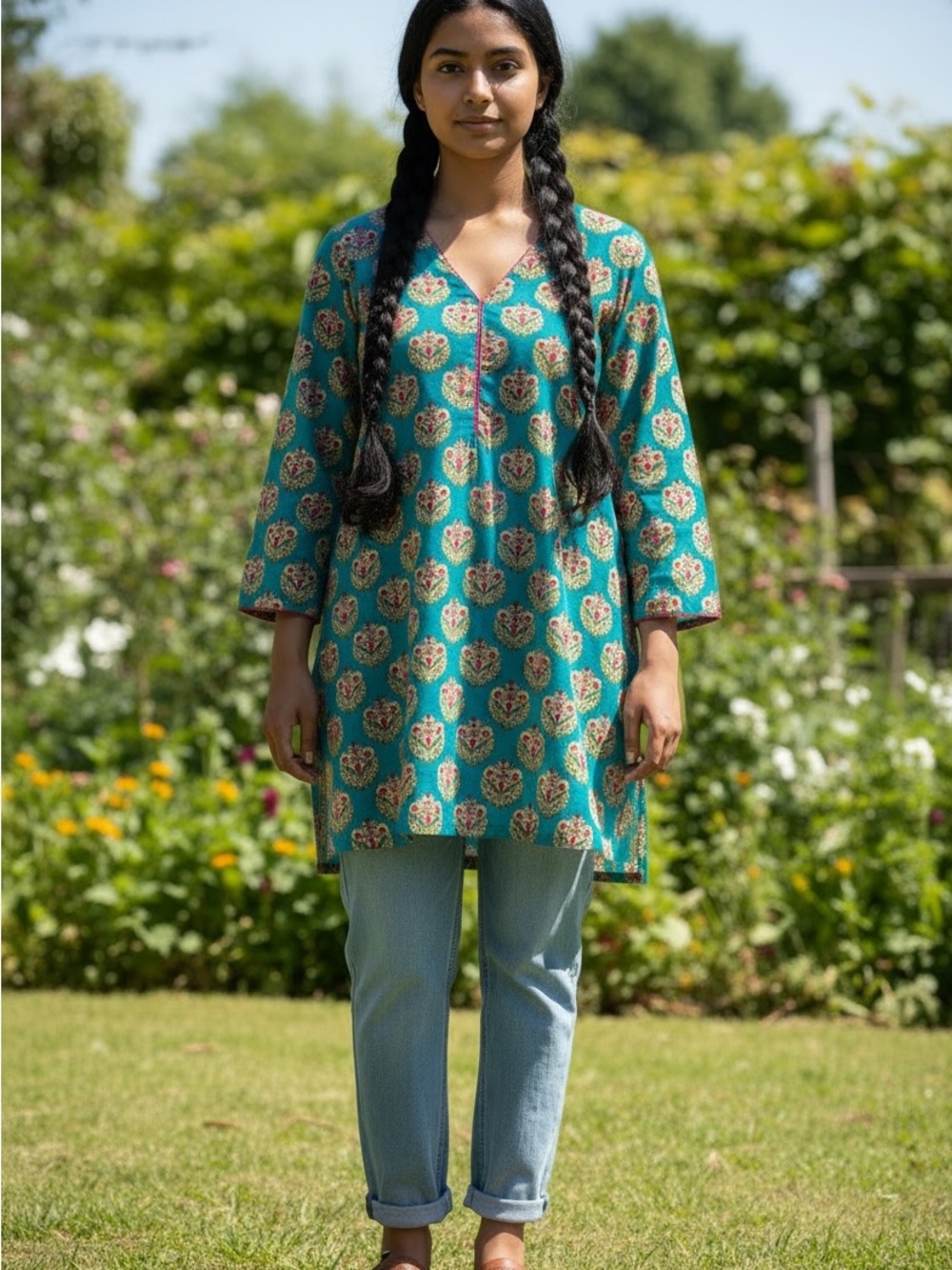 CULTURAL ELEMENTS Vibrant Teal, Pink, Green and Tan Block-Print Cotton Tunic Top